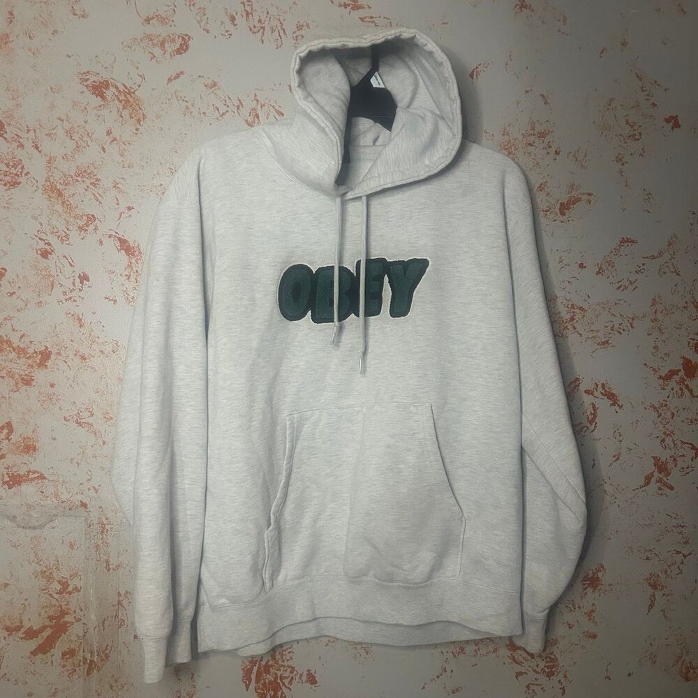 OBEY Worldwide Hoodie Mens Large Gray Green Chenille Logo Pullover Sweatshirt